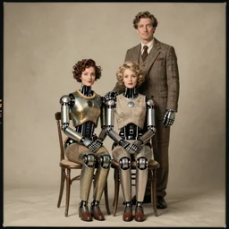 a beautiful ultradetailed fine art old vintage couples portrait photo of cyborgs sitting on a chair and  standing, by tom bagshaw, couples portrait, vignette, 35mm lens, golden ratio composition, studio photography, very detailed, artstation, 8k, highly coherent