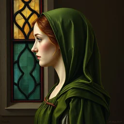 side - view portrait of triss merigold, green clothes, tenth century stained glass window, muted background, very masterful