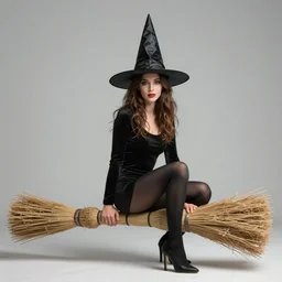 woman wearing a black pointy witch hat, sitting on a horizontal straw broom, by greg rutkowski