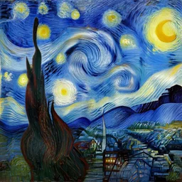 a painting of the city of Rostock in the style of Vincent van Gogh, starry night, blue and yellow, sharp, 8k-resolution, highly-detailed, award-winning,