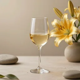 5 5 mm photo of wine - glass on a zen minimalist table with bright gold lillies in the background. highly detailed 8 k. intricate. lifelike. warm soft light. nikon d 8 5 0.