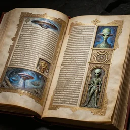 book of kells pages with images of aliens ufos, trending on artstation, dramatic lighting, octane render, weta digital, micro details, 3 d sculpture, structure, ray trace, insane details, intricate, elite, ornate, elegant