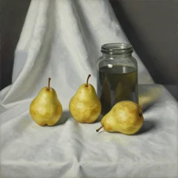 still life of pears and jars over drapery, artwork by luc tuymans