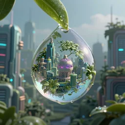 nature in a drop of dew, within every dewdrop a world of struggle, reflects fantasy intricate elegant under graphic cyberpunk buildings lush volumetric lighting 3 d modelling