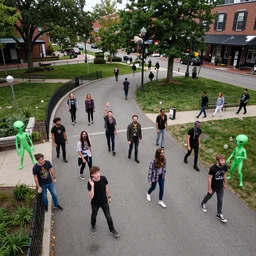 williamsburg, hipsters turn into zombies are roaming domino park, while aliens throw rocks at them professional photography 4 k aerial shot