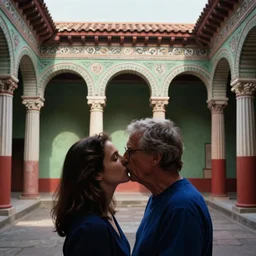 ( out of focus ), head to shoulders kiss, photography by saul leiter and ernst haas in a decorated pompeii peristylium, tea green, airforce blue, red