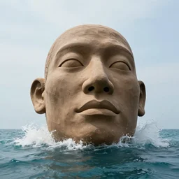 a massive clay sculpture of a surreal distorted human face on the ocean water, in the style of johnson tsang, cinematic, hyper - realistic, very detailed, realistic water splashes, ray tracing, 8 k resolution, long - shot, sharp focus, low angle, 8 5 mm photograph, wide lens