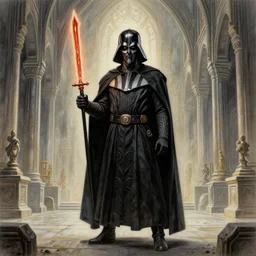« a beautiful drawing of darth bane creates a rule of two in an ancient sith temple stylized as a catholic church, very realistic, trendin on artstation »