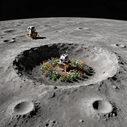 a landscape on the moon with many craters, barren moon landscape, a broken moon lander, in a big crater at the center there is a beautiful flowering garden, 8 k, lowbrow in the style of martin johnson heade and daniel merriam and roger dean,