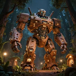 giant wooden mecha building futuristic giant wooden tree trunk buildings, organic wooded shops, solarpunk, organic bioluminescent street lights, dark forest canopy understory, cinematic lighting, night time, octane render, 3 d pixar disney digital cgi rtx hdr painting, highly detailed, artstation cgsociety masterpiece, by syd mead, greg rutkowski, wlop, artger