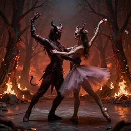 two demons dance ballet in hell with ethernet cables wrapped around their arms, trees burning in the background,, beksinski, dariusz zawadzki, very coherent symmetrical artwork. cinematic, hyper realism, high detail, octane render, 8 k
