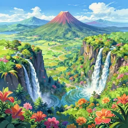 landscape of an anime style with tropical flowers and volcanos, waterfalls bright colors, bird eye view, bove rule of thirds golden ratio, fake detail, trending pixiv fanbox, acrylic palette knife, style of makoto shinkai studio ghibli genshin impact james gilleard greg rutkowski chiho aoshima
