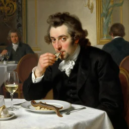 baroque oil painting handsome aristocrat in elegant black suit eating small cooked and sliced dune sandworm in a beautiful restaurant, painted by greg rutkowski cushart krentz jeremy mann, dune sandworm, wine glass, marble interior, close up shot, soft lighting, elegant, morandi color scheme, white embroidered tablecloth, baroque style