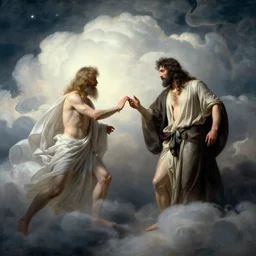 man making a deal with god, clouds, 4k, by Jean Delville, cinematic lighting
