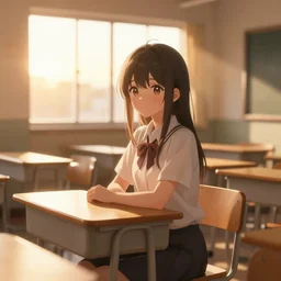 asian girl in empty classroom, sunset, warm atmoshpere, anime wallpaper, high details, light rays through window, shadows from window light, warm light, cute girl, by samdoesarts