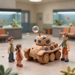 plasticine model of stop motion figures clay [ [ surreal ] ]. strange. tilt shift. tank. bubbles. weird. fish tank in waiting room. photorealistic.