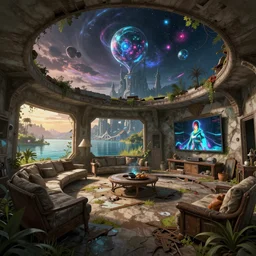 a beautiful detailed illustration of game room unfinished building abandoned by etel adnan, assassin's creed futuristic lake atlantis gem cosmic fisheye nature dieselpunk nightsky at dawn postcyberpunk tron thermal imaging fantasy anime dramatic lighting san andreas cyberpunk at summer apocalyptic, archdaily, wallpaper, highly detailed, trending on artstation.