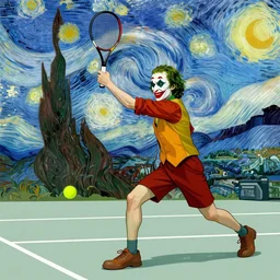 the joker playing tennis, illustration mashup by ec escher and van gogh