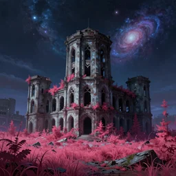 a beautiful detailed painting of monastery nature urbex unfinished building industrial architecture abandoned city architecture building by william pereira, infrared galactic alien apocalyptic vice city meadow evil bladerunner 2 0 4 9 lightpaint steampunk magic realism nightsky azeroth at night uv light, archdaily, wallpaper, highly detailed, trending on artstation.