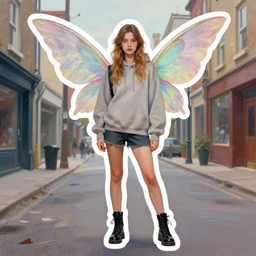 a painting by martine johanna of a fairy with big wings wearing a hoodie standing in a township street in the style of jenny saville, street fashion outfit, haute couture fashion shoot, fairy, d & d, fantasy sticker illustration, artstation