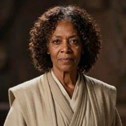 portrait of a woman by greg rutkowski, old jedi master, afroamerican, wise and serene, star wars expanded universe, she is about 7 0 years old, wearing jedi robes.