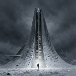 emissary mountain space by arthur haas and bruce pennington and john schoenherr, cinematic matte painting, zaha hadid building, photo realism, snowfall, dark monochrome color palate, tiny woman silhouette for scale