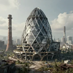 a beautiful very detailed render of abandoned building industrial architecture domed city unfinished building urbex architecture by norman foster, apocalyptic retrowave wilderness, archdaily, wallpaper, highly detailed, trending on artstation.