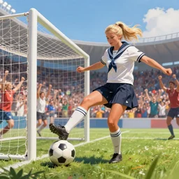 blonde female in a navy sailor uniform kicking a soccer ball into a soccer goal and the crowd goes wild, digital painting, macro lens, highly detailed, digital painting, trending artstation, concept art, illustration, cinematic lighting, vibrant colors, photorealism, epic, octane render