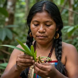 a beautiful close up portrait of an indigenous woman preparing plant medicines in the jungle, highly detailed, art by christophe vacher
