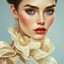 close up of face of a fashion model in luxury dress, pastel shades of light blue and light gold, painting by william turner, highly detailed