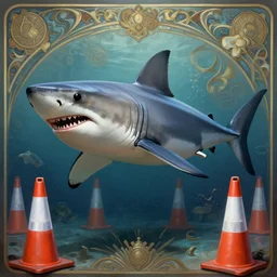 great white shark, traffic cones as fins, underwater background detailed atmospheric - ron cheng & alphonse mucha, highly detailed, digital painting, ray tracing, concept art, illustration, smooth sharp focus, intricate, symmetry, artstation,