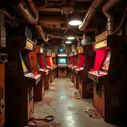 batch of retro derelict biopunk arcades made of meat, bones and flash