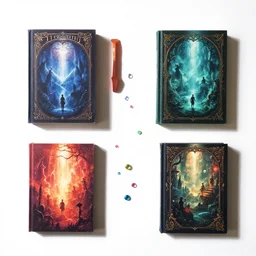 flatlay fantasy book collection, vivid colors, dramatic lighting, minimalist and clean, scattered jewels