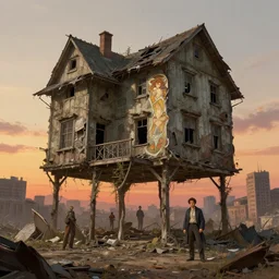 decrepit house with legs, city is pure wasteland, sunset in background, detailed characters, alphonse mucha, greg rutkowski, trending on artstation, artgerm, breathtaking, sharp focus, smooth, mark arian, award winning, highly detailed 4 k art
