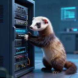A cyborg ferret hacking into a mainframe, digital art