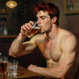attractive muscular male with dark red hair with muscular attractive male with black hair, drinking their hearts out, in a pub. very defined and highly detailed painting by gaston bussiere, j. c. leyendecker, craig mullins 8 k