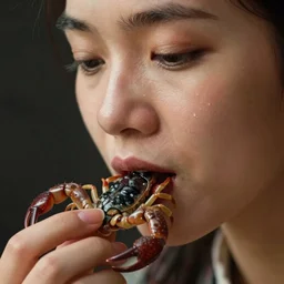 closeup headshot photo of the person who eats isopods and scorpions, detailed face details