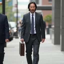 Keanu Reeves wearing a business and holding a briefcase