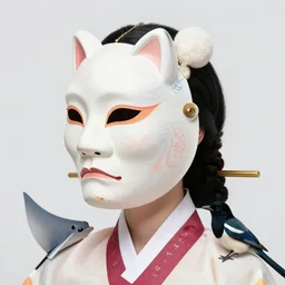 3 d goddess close - up profile portrait. beautiful intricate highly detailed korean gumiho mask and traditional hanbok. stingray, magpie, bio luminescent, plasma, ice, water, wind, creature, artwork by tooth wu and wlop and beeple and greg rutkowski, octane 3 d render