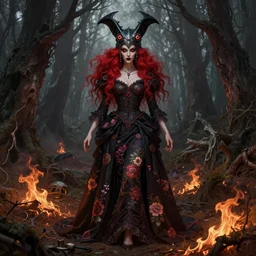 full body shot, malevolent witch with 4 eyes, red hair, crow helmet, floral dress, dead forest, fantasy, intricate, photorealistic, elegant, stylish, highly detailed, digital painting, artstation, concept art, smooth, sharp focus, illustration, art by artgerm and greg rutkowski and terese nielsen, fire scheme