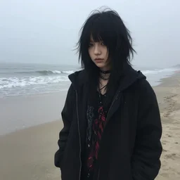 an emo goth girl, black hair, on the beach on a cold foggy day, 2006