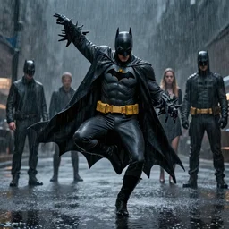 batman dancing in the rain, highly detailed, artstation, art by vladimir motsar and emika lightweaver and nicholas cort and paul pepera