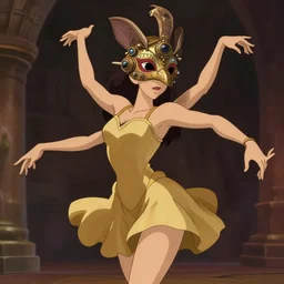 a animation fantasy render of a beautiful ancient dancer wearing a beautiful intricately detailed steam punk crow mask and clasical gold short dress, by studio ghibli, artstation, disney, beautiful dynamic epic lighting, shadows, cinematic atmosphere, artstation, cartoon art, octane render, 8 k