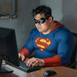 a insanely detailed painting of a stocky masked asian man wearing a superhero costume sitting at a desk, staring at the nervously at the computer and typing, in the style of peter mohrbacher, dramatic lighting and composition, trending on artstation, concept art, comic book