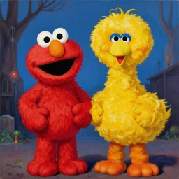 a highly detailed painting of elmo and big bird from sesame street in the art style of zdzislaw beksinski