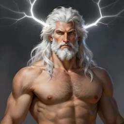 photo portrait of rugged zeus, god of thunder, greek god, white hair, masculine, mature, handsome, upper body, muscular, hairy chest, fantasy, intricate, elegant, highly detailed, digital painting, artstation, concept art, smooth, sharp focus, illustration, art by gaston bussiere and greg rutkowski