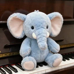 cute elephant plushie sitting on a piano