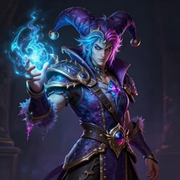 a oil art portrait of young mage with neon magic in style of warcraft character, bard jester character sheet, 4 k, ultra detail, volumetric lighting, unreal engine, octane render, grimdark