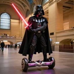 a photorealistic photograph showing darth vader riding a hoverboard through grand central station as he swings a red lightsaber. illuminated scene. fine detail. this 4 k hd image is trending on artstation, featured on behance, well - rendered, extra crisp, features intricate detail, epic composition and the style of unreal engine.