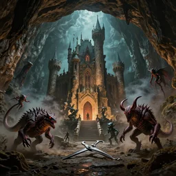 cave with a castle built underground!!!!, the god of small scissors!!, pitchburn devils!, security rhox, sauroform hybrid, forbidding spirit!!, guardian project, hackrobat!!!, cinematic, hyper realistic, detailed, 8k, octane render.